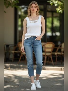 Sideffects White Sleeveless Knit Tank with Gold Ring Detail | NWT